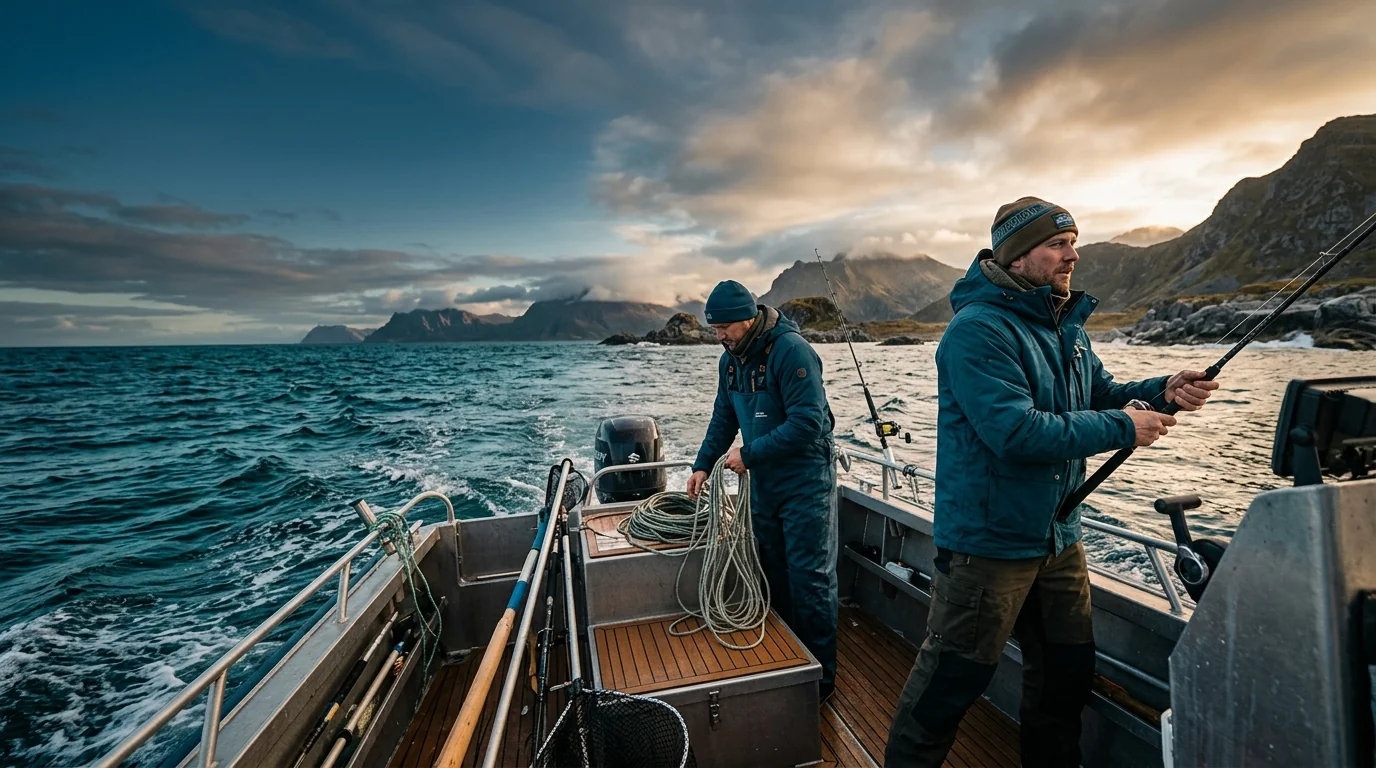 A fishing apparel product catalog open on a desk, reviewed by a sourcing team