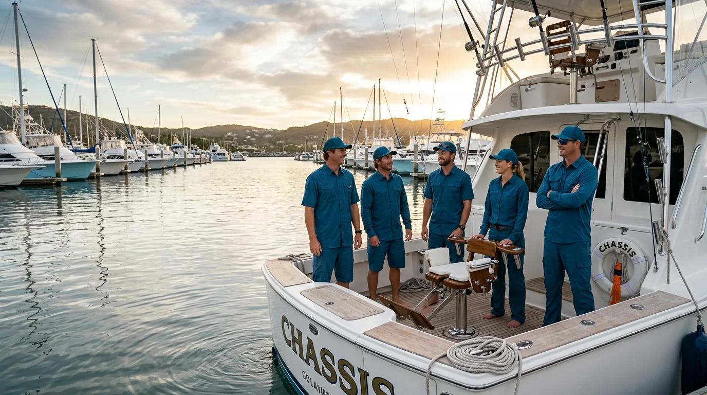 Charter fishing crew in matching custom fleet uniforms on the dock