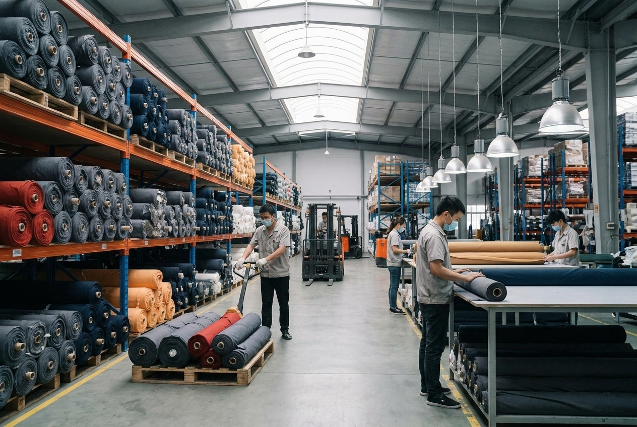 Fishing apparel programs staged across a factory warehouse for shipment