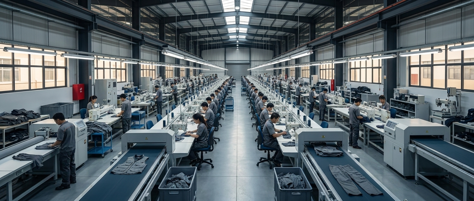 A fishing apparel factory floor where customer programs are cut, sewn and packed