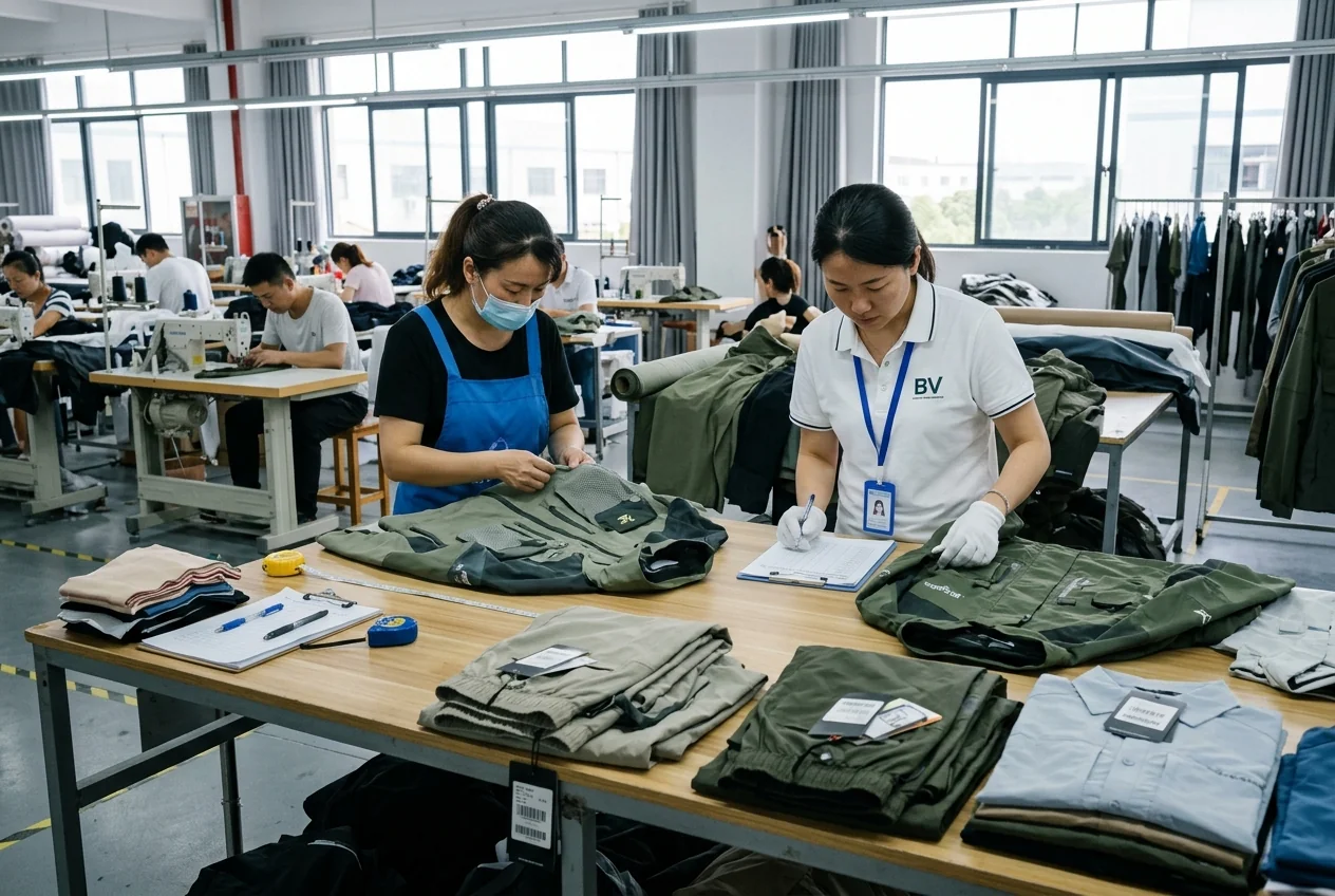 The factory's own sewing line where every fishing apparel program is built