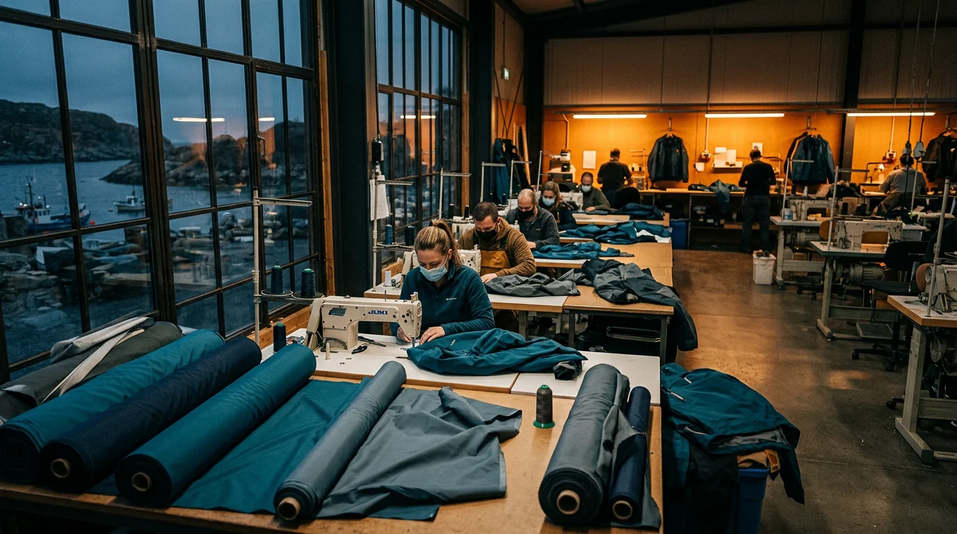 Finished fishing apparel sorted and grouped at the factory finishing station