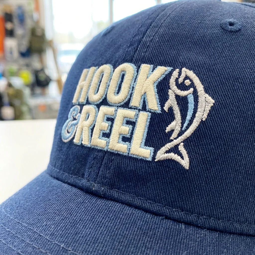 Structured front panel of a fishing cap holding an embroidered logo