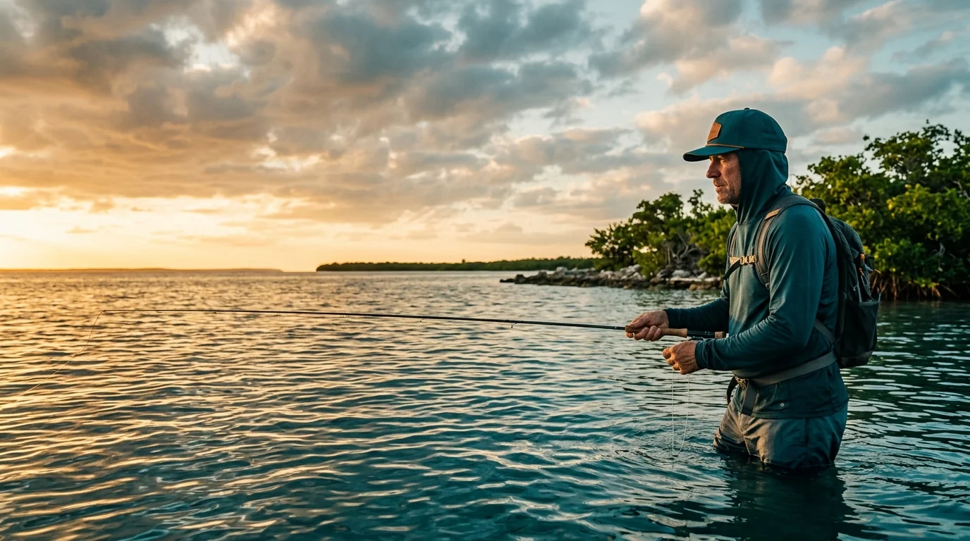 Angler wearing a custom fishing hat with a front-panel embroidered logo on the water