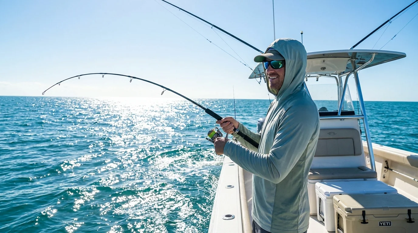 Angler in a wide-brim fishing hat shading the face on the water