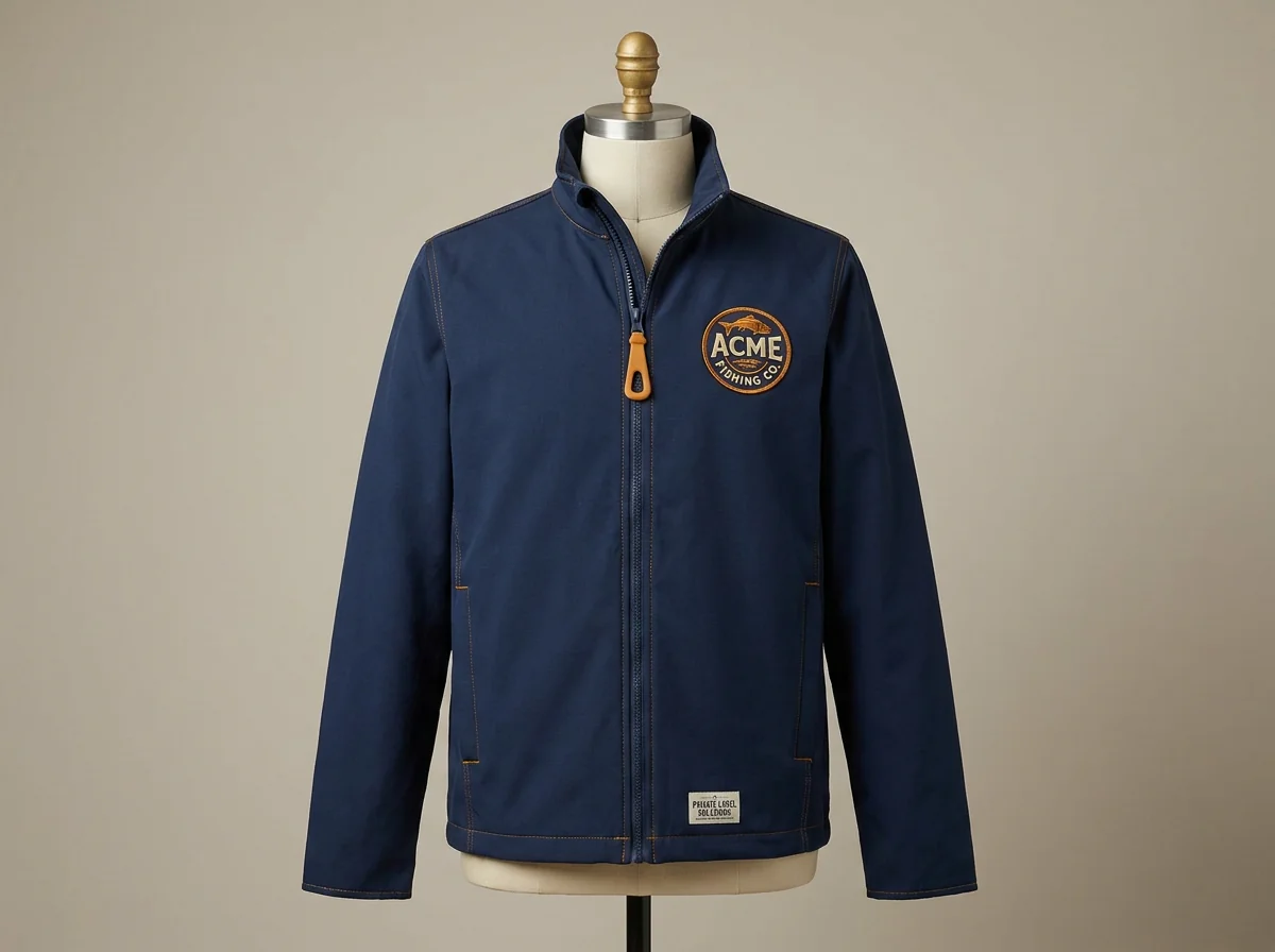 Fishing jacket logo placement zones: left chest, full back panel, sleeve, hood-back