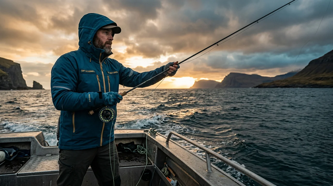 Angler wearing a custom waterproof fishing jacket in wind and rain on the water