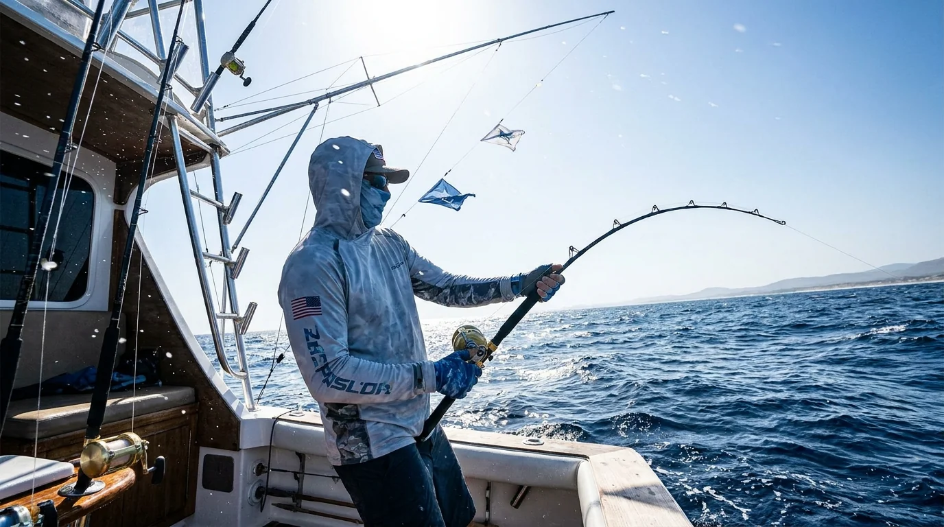 Anglers in fishing jackets on the water in wind, rain and heavy spray offshore