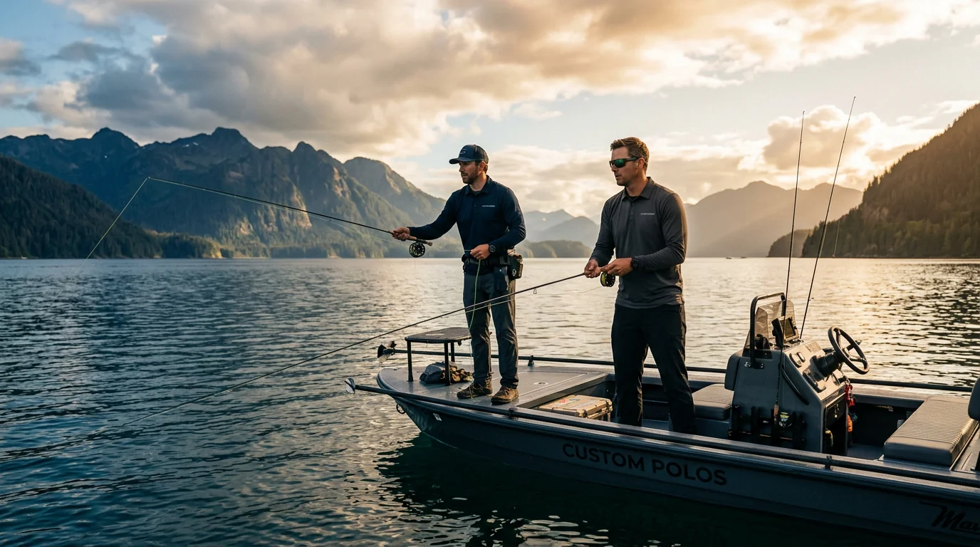 Fishing crew wearing custom performance fishing polos with a left-chest logo