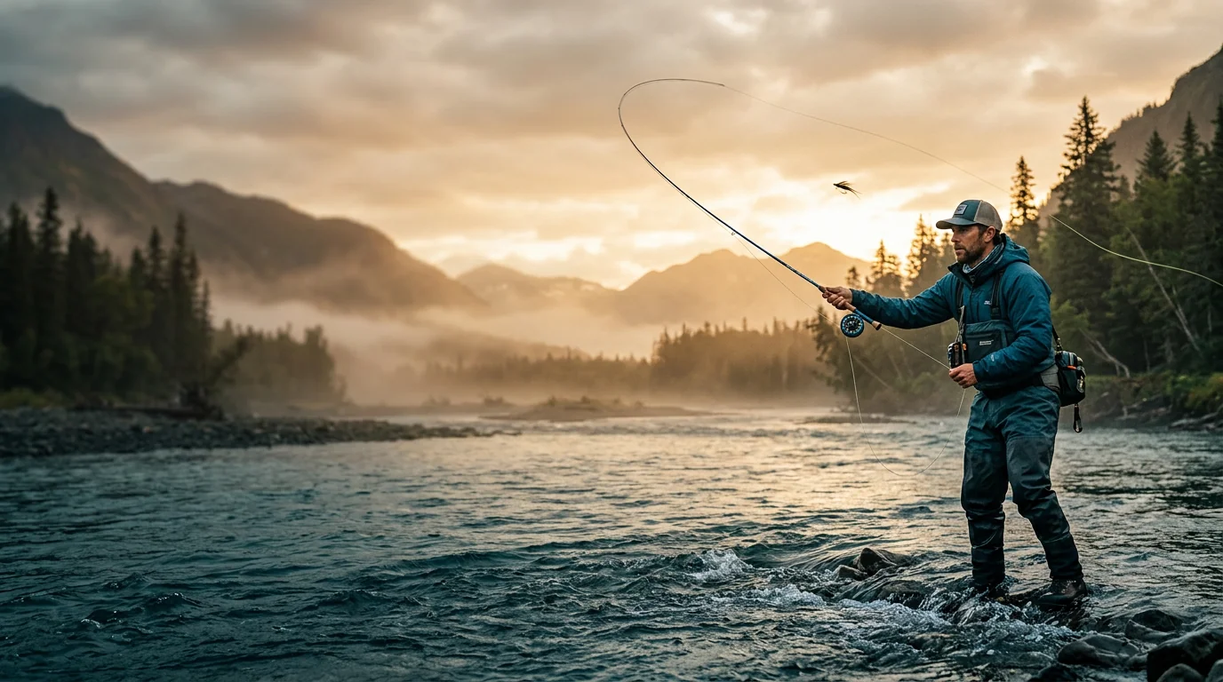 Fishing apparel factory project manager pricing up a buyer brief at a spec-review desk