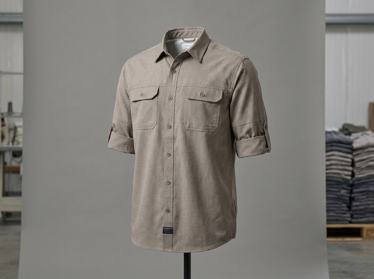 Roll-up sleeve tab and button on a fishing shirt