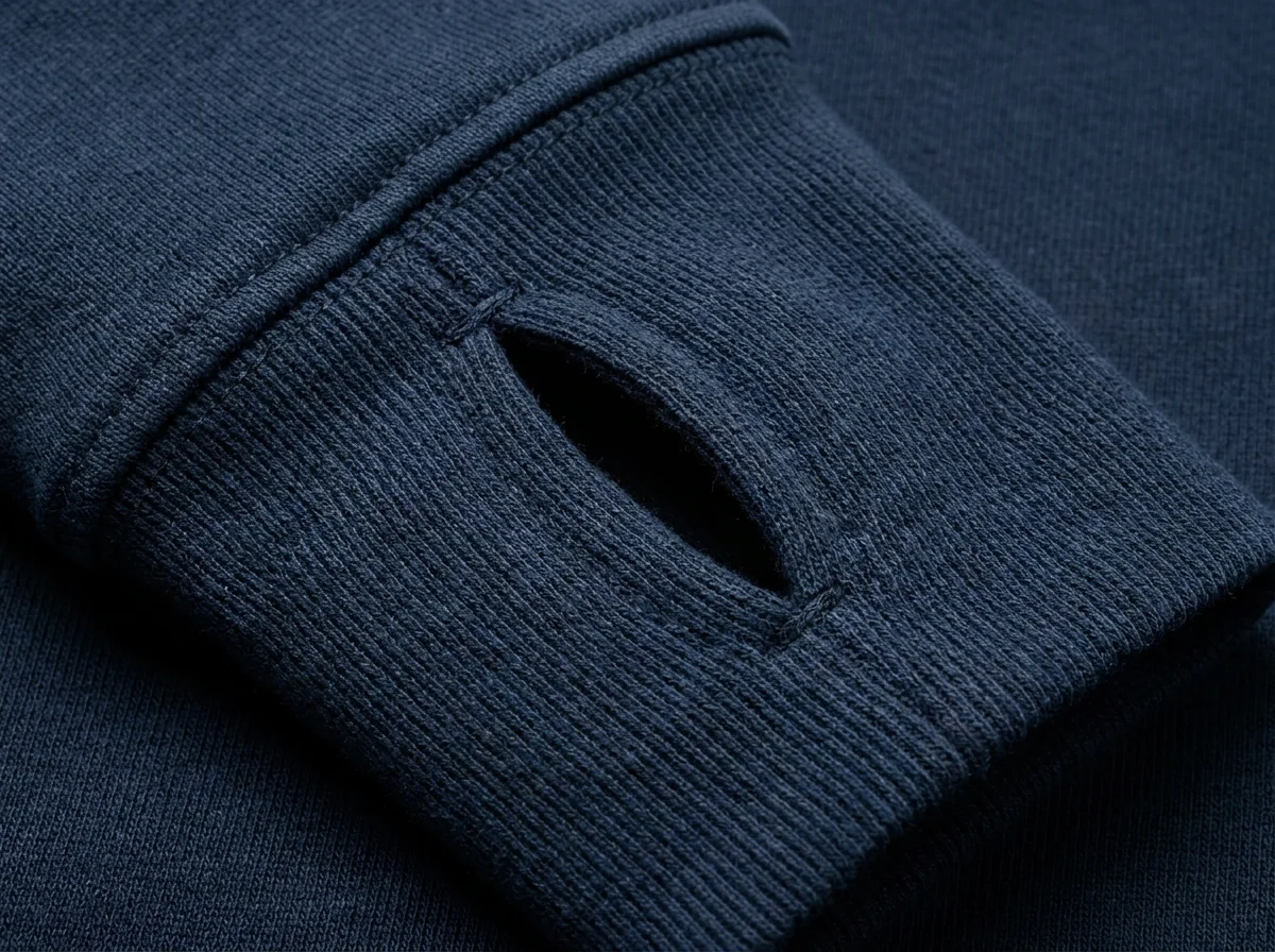 Thumb-hole cuff over the back of the hand