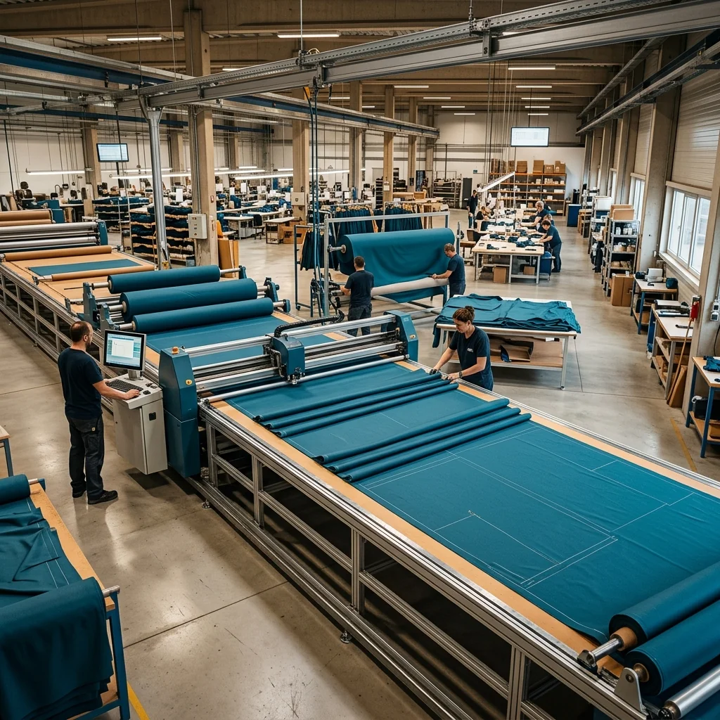 Automated fabric spreader laying an even, tension-controlled lay