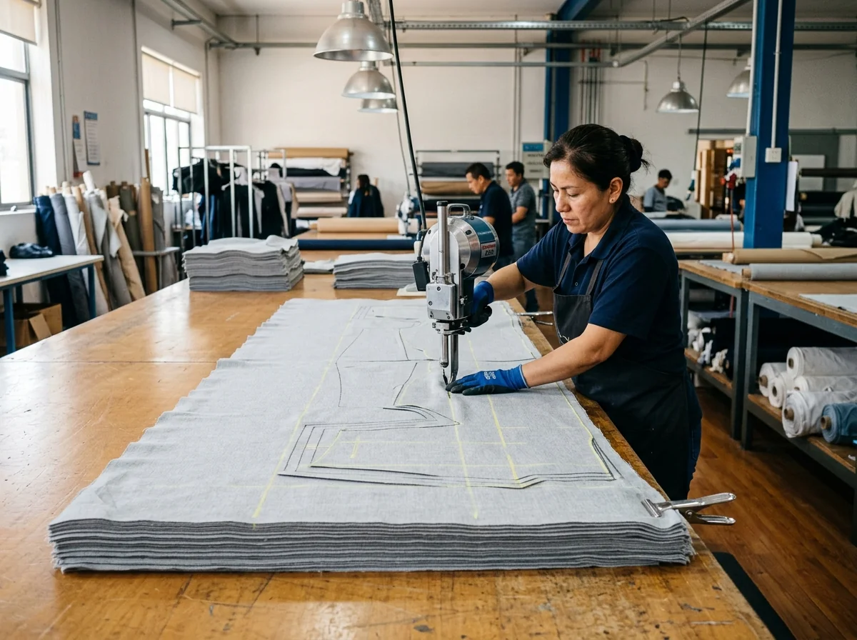 Fabric cutting table laying multi-ply performance knit