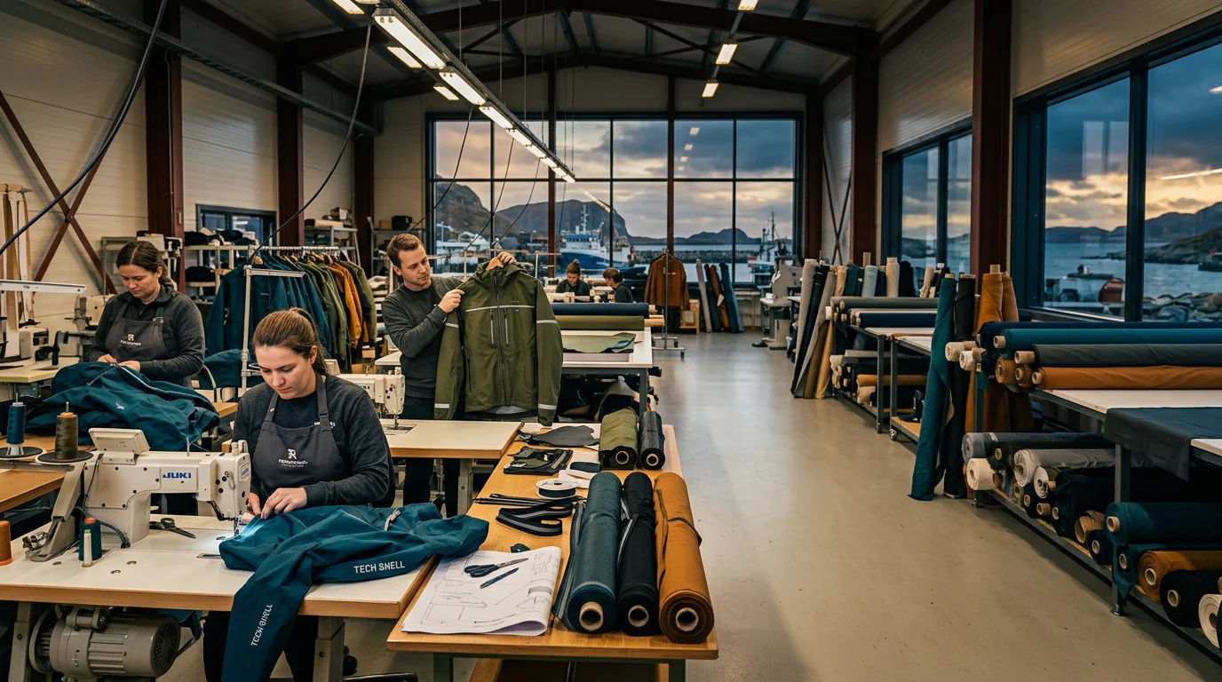 Fishing apparel manufacturing floor, cutting to sewing to inspection