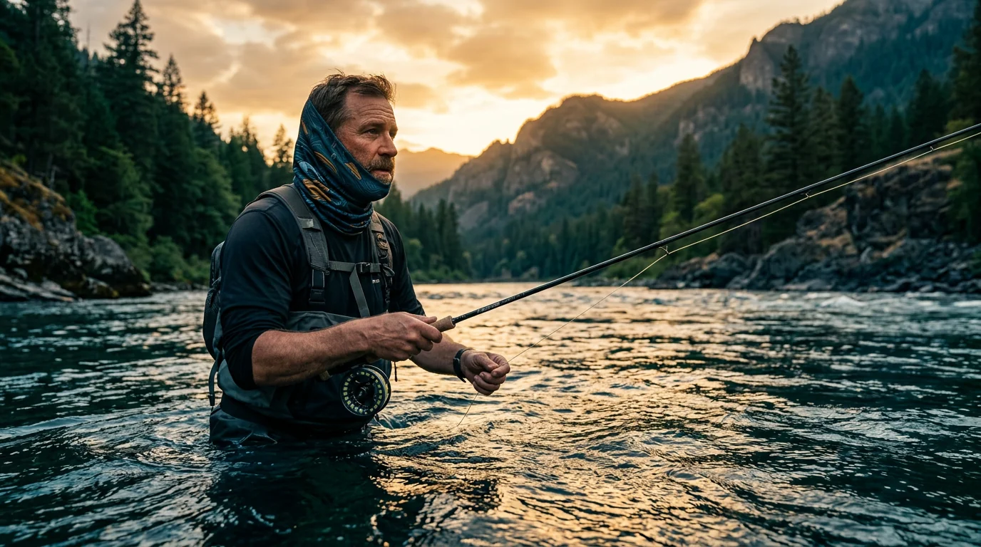 Angler wearing a custom seamless UPF neck gaiter pulled up over the face on the water