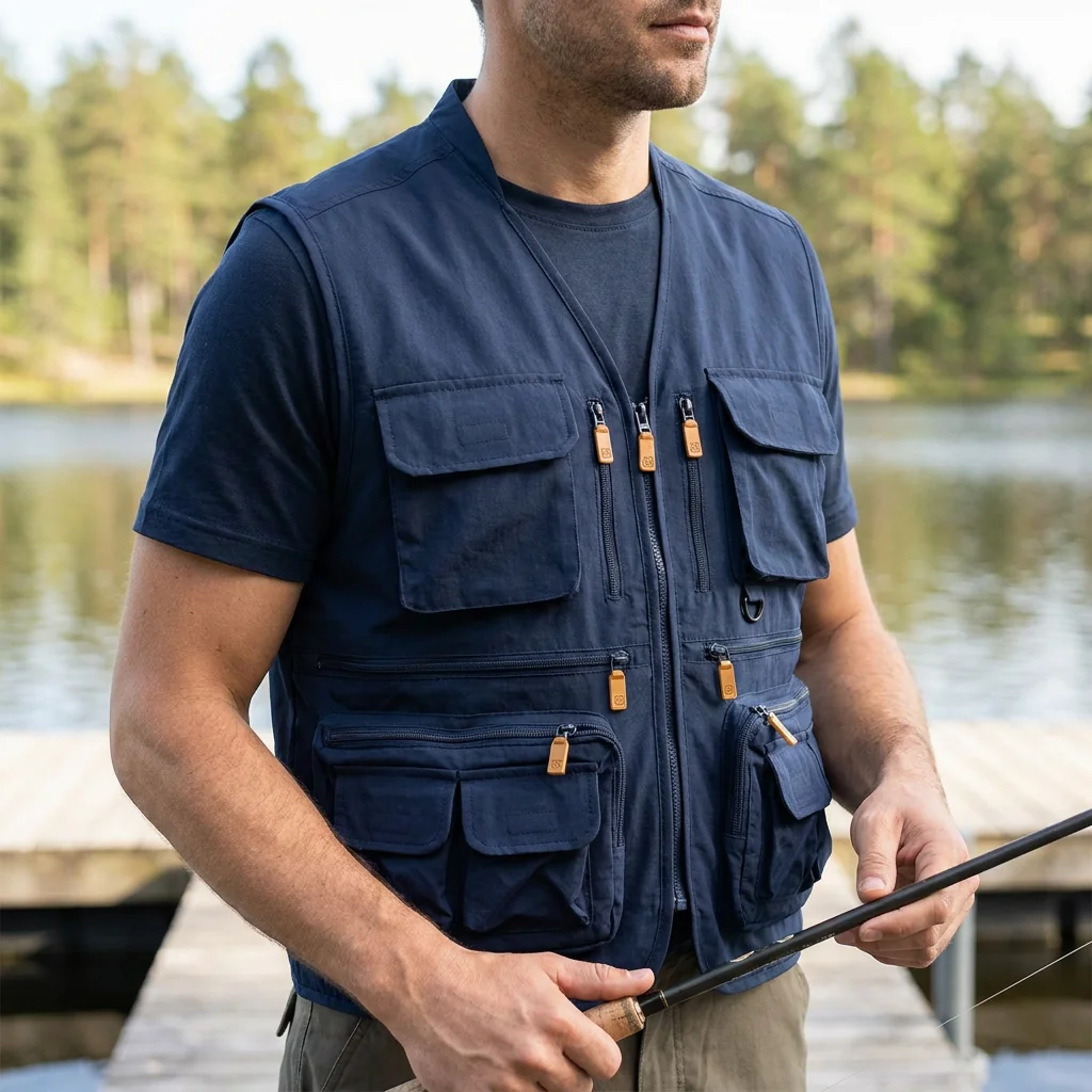A blank fishing garment being built up into a finished private label product