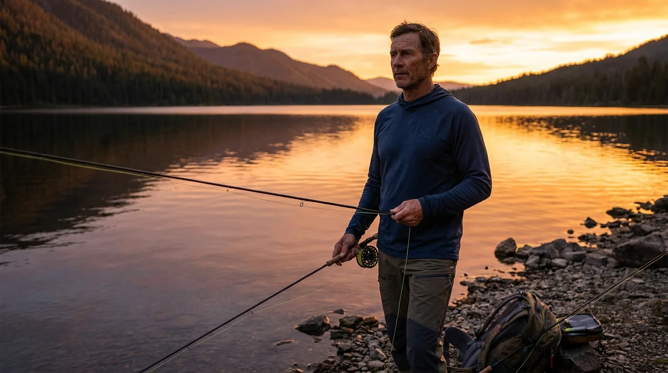 A pro-series fishing garment shown in close, technical detail at day's end