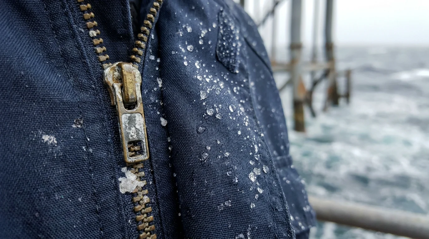 Marine-grade corrosion-resistant metal zipper on a pro fishing garment
