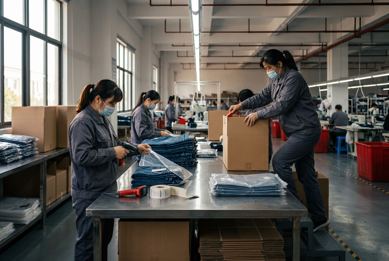 A packing station sealing cleared fishing apparel for shipment
