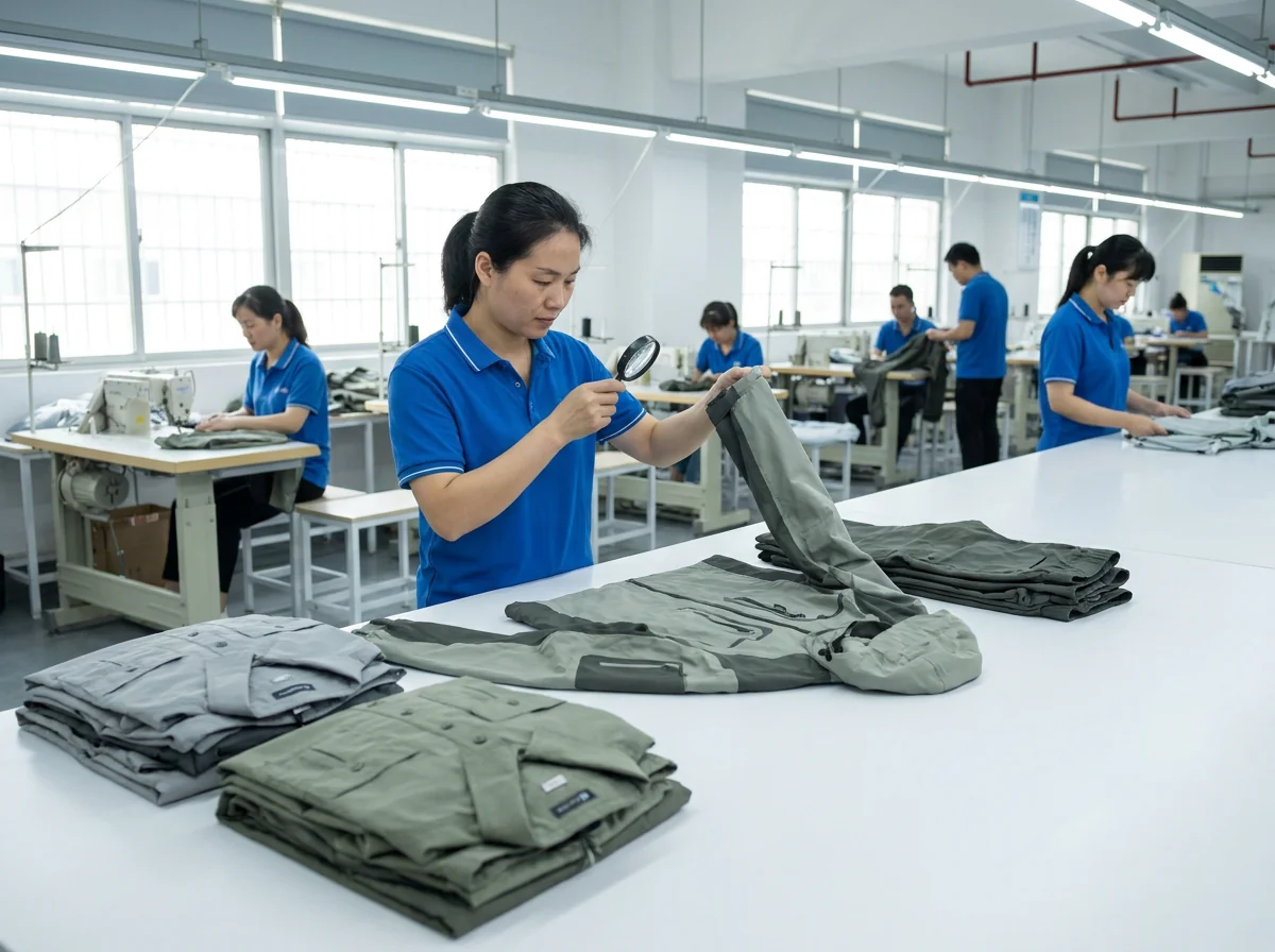 A QC inspector checking finished fishing garments against spec at a factory inspection table
