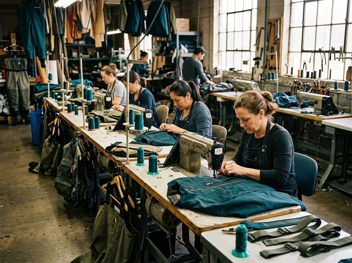 In-line inspection on a fishing apparel sewing line checking stitch integrity