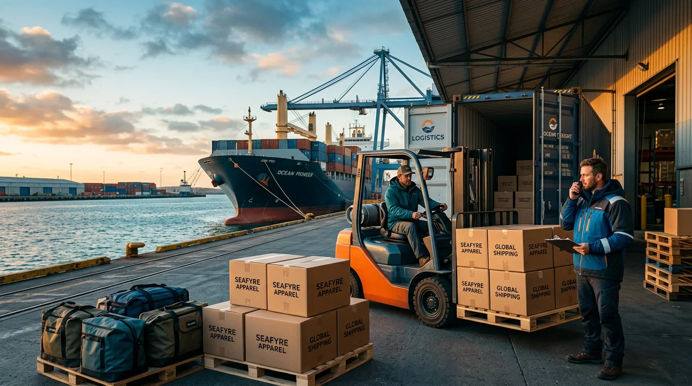 Fishing apparel shipment loading at a container port for worldwide delivery