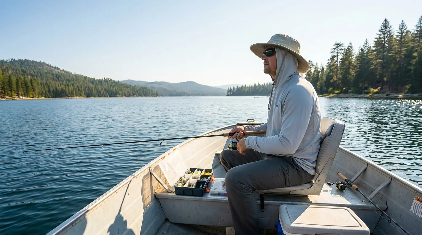 An angler wearing an undecorated performance fishing blank on the water