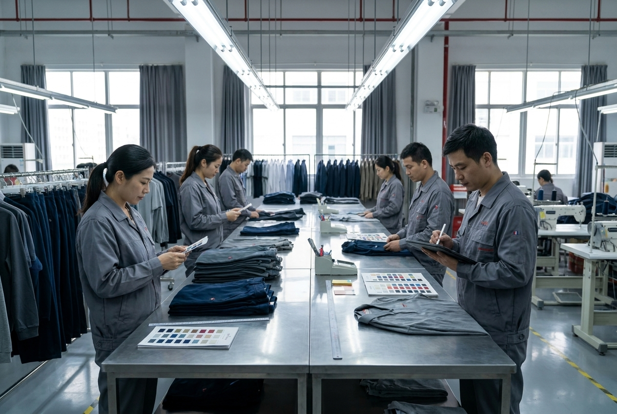 Quality inspection of finished work shirts before shipment