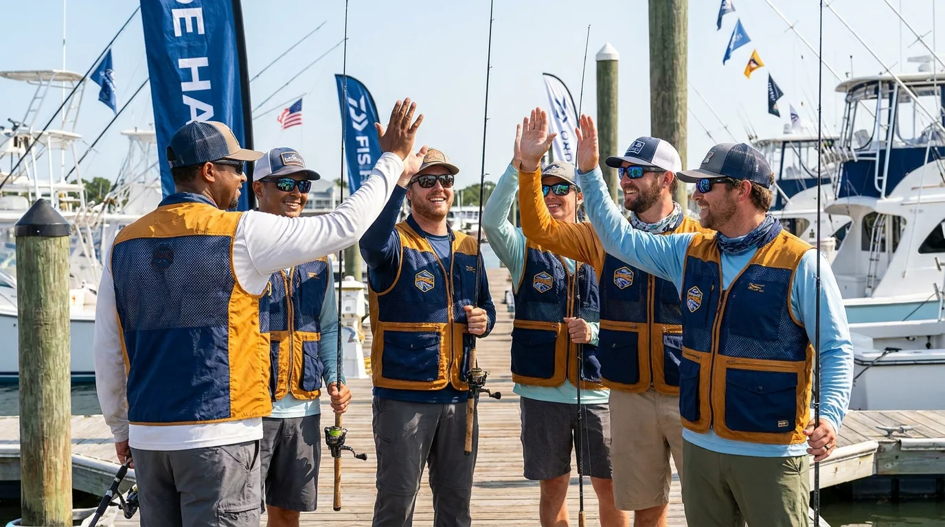 Marine crew at the dock in matching branded work shirts