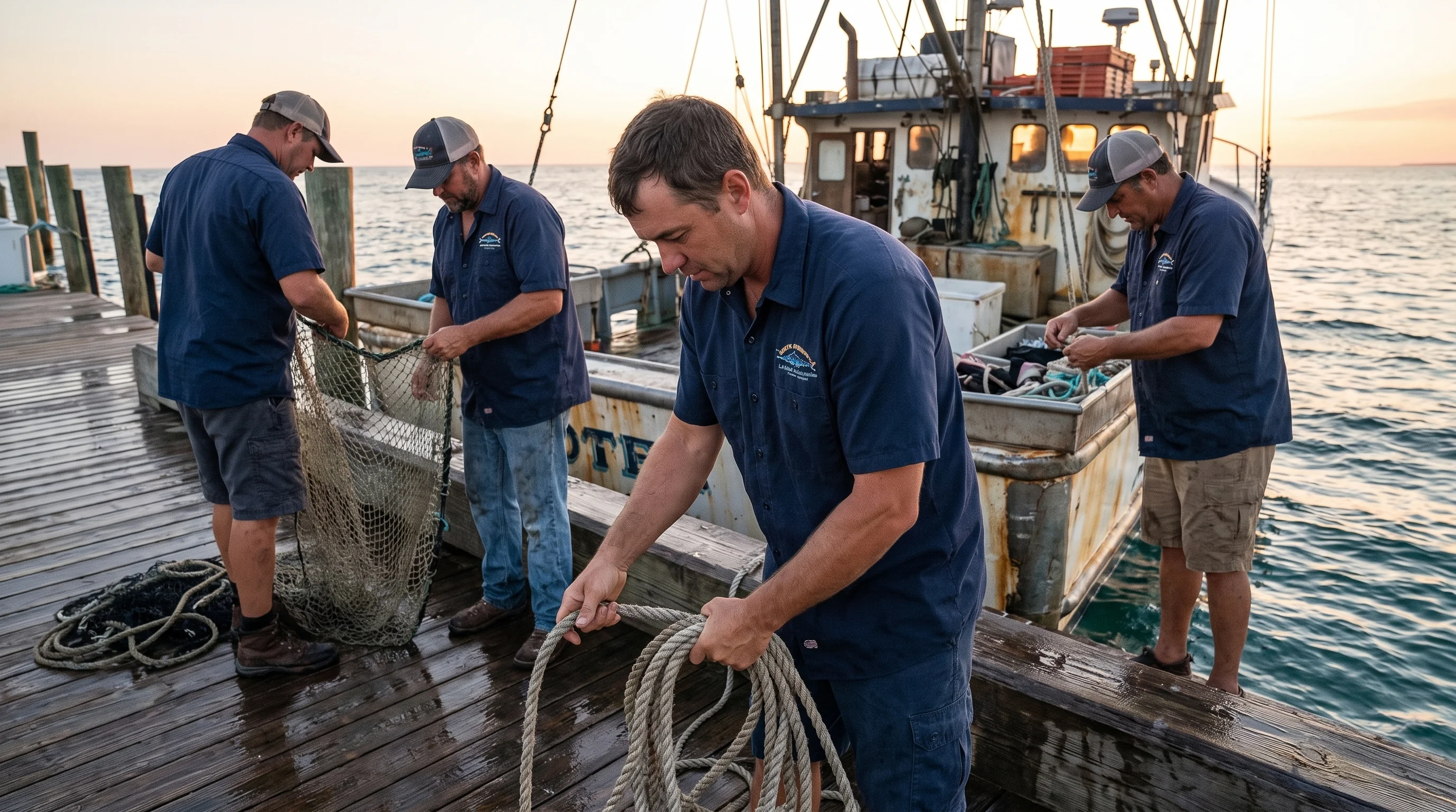 A crew starting a dockside working shift in matching branded work shirts at dawn