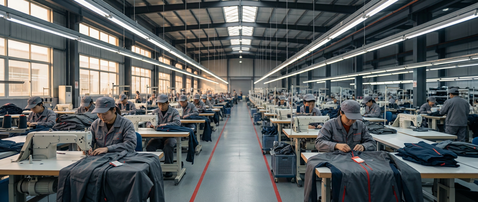 Sewing line producing youth-cut fishing apparel