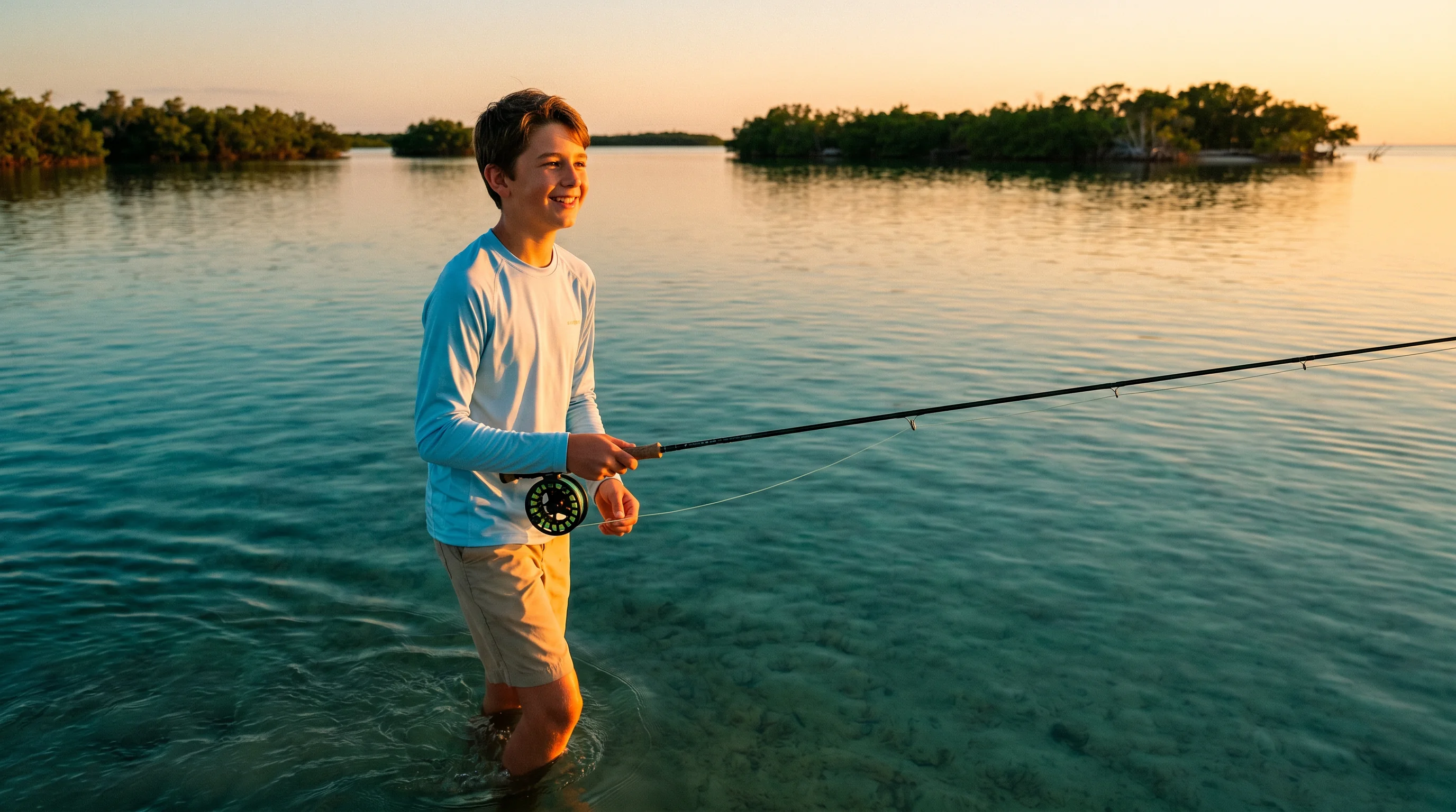 A young angler on the water in a fitted youth-cut fishing shirt at day's end